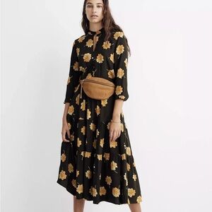 Madewell Button Front Tier Dress Fall Flowers Floral Print Crepe Midi Dress Sz M